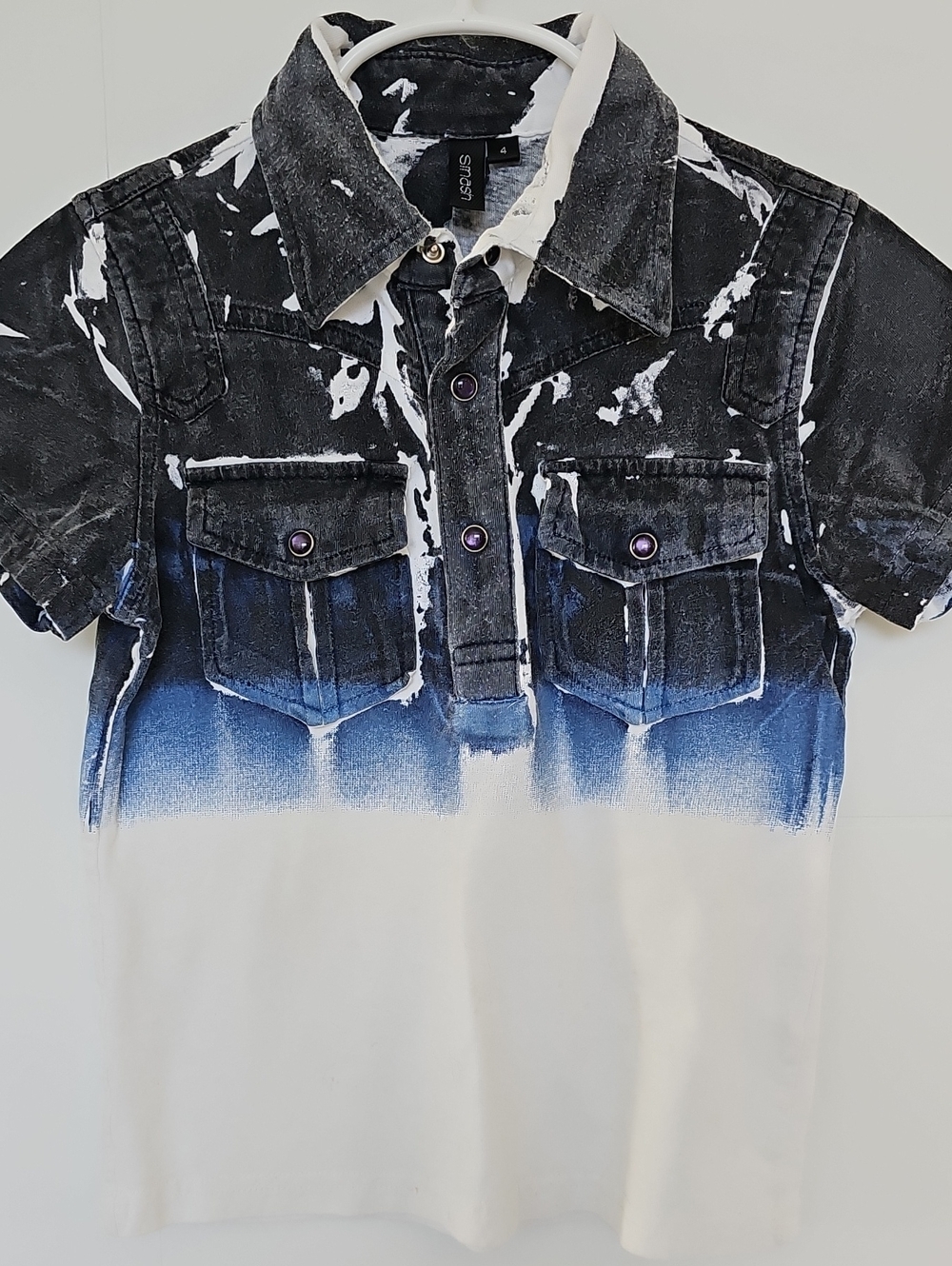 Smash Black, Blue & White Distressed Ombre Short Sleeve Polo Boys Sz 4